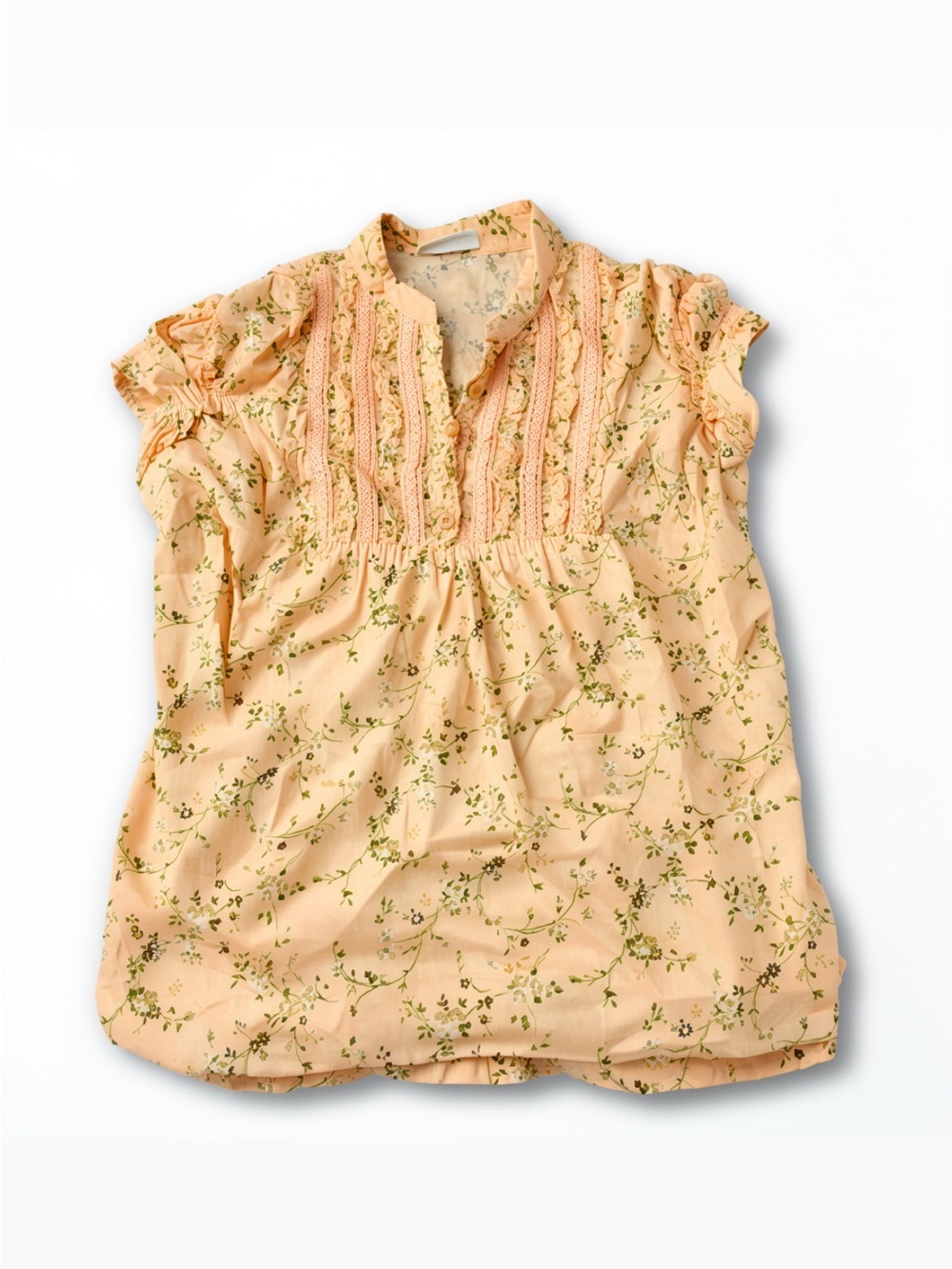Pretty Arizona Floral Pastel Peach Ruffle Shirt with Frayed Sleeves Size Medium